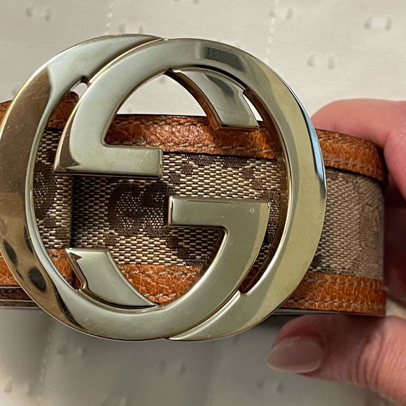 Gucci Beige/Brown GG Canvas and Leather Interlocking G Buckle Belt 80 CM - Picture 3 of 8